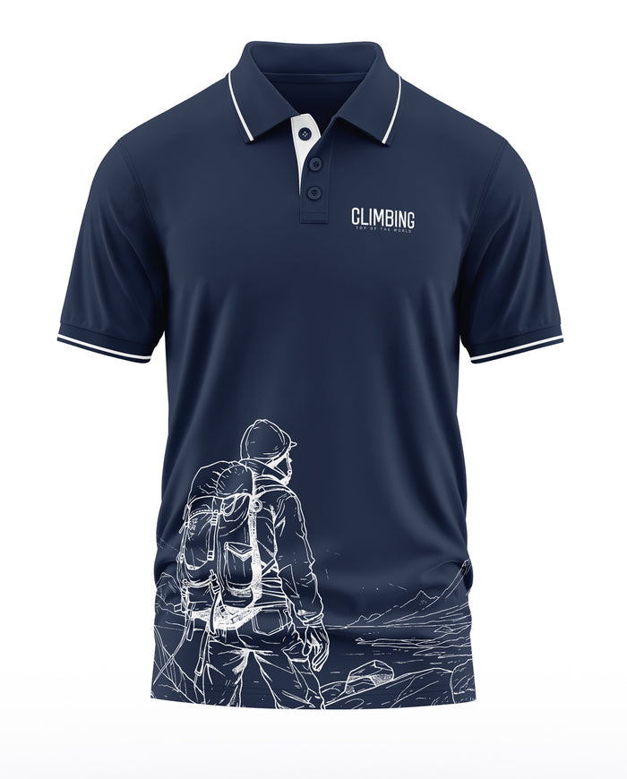Navy blue polo t-shirt with mountain climber graphic, climbing print, and white trim details.