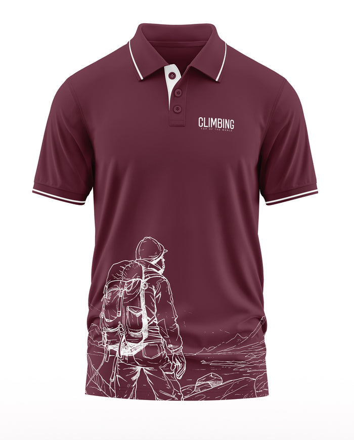 Maroon men's polo t-shirt with hiker graphic and 'Climbing Top of the World' text