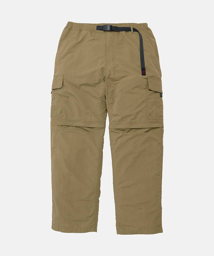 Khaki Gramicci Convertible Cargo Pants with a belt against a light-tone background.