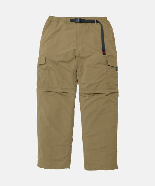 Khaki Gramicci Convertible Cargo Pants with a belt against a light-tone background.