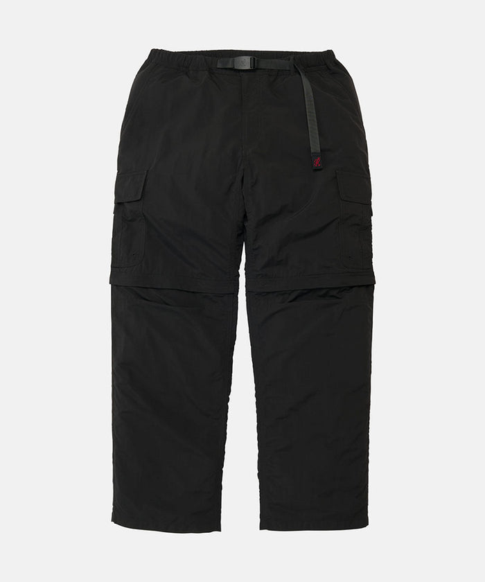 Black Gramicci Convertible Cargo Pants with a belt against a light-tone background.