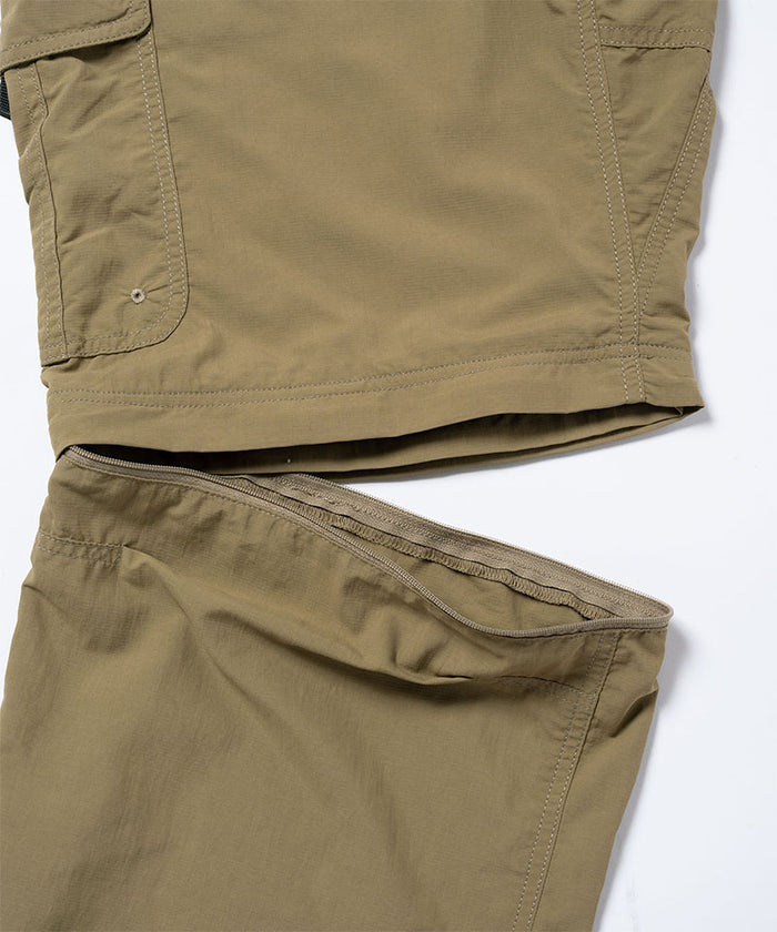 Back view close-up of khaki Gramicci Convertible Cargo Pants highlighting the zip off pant leg on a light-tone background.