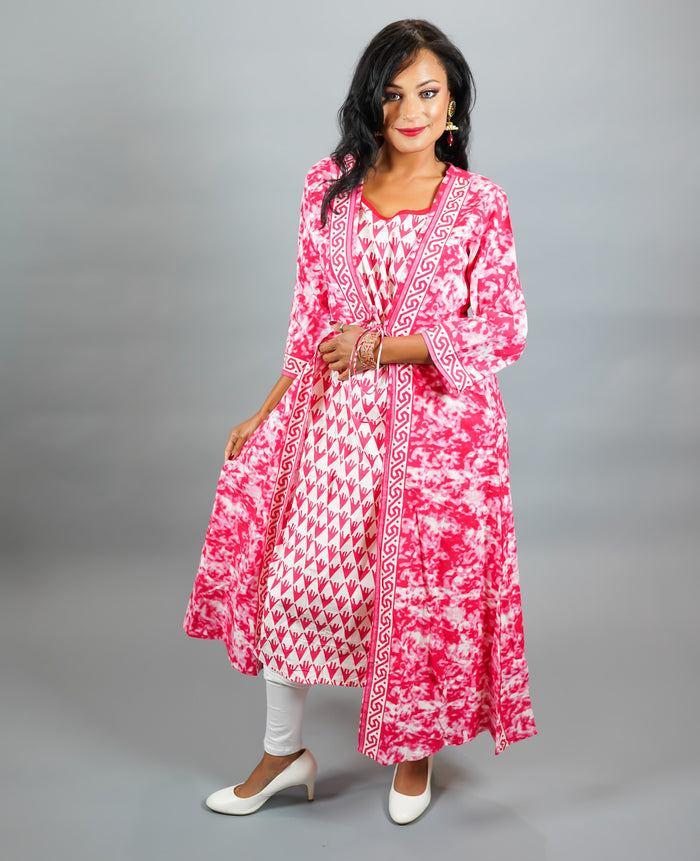 Cotton Block Printed Floral Dark Bubblegum Pink Gown With Attached Shrug