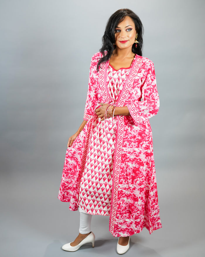 Cotton Block Printed Floral Dark Bubblegum Pink Gown With Attached Shrug
