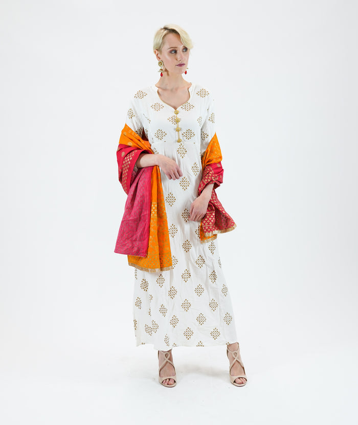 Cotton Block Printed  Snow White Gown