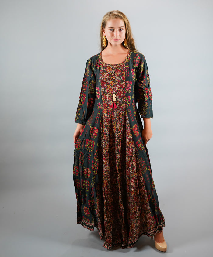 Cotton Block Printed Uniform Green Gown