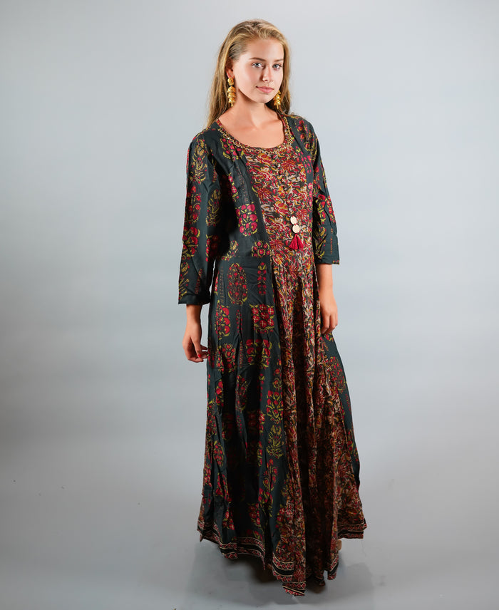 Cotton Block Printed Uniform Green Gown
