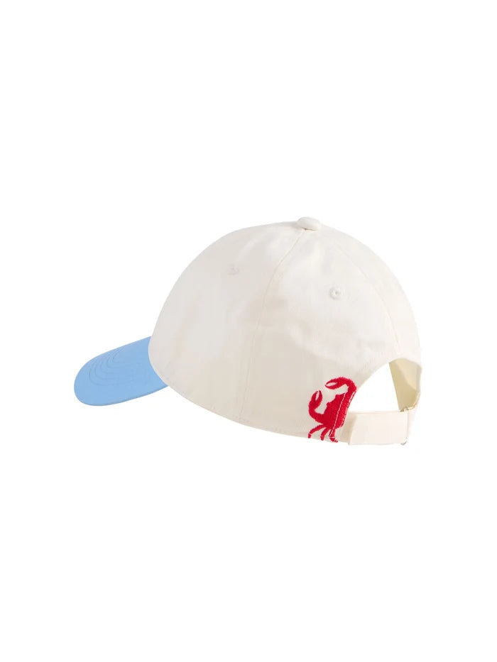 Baseball cap with a red crab on a white background