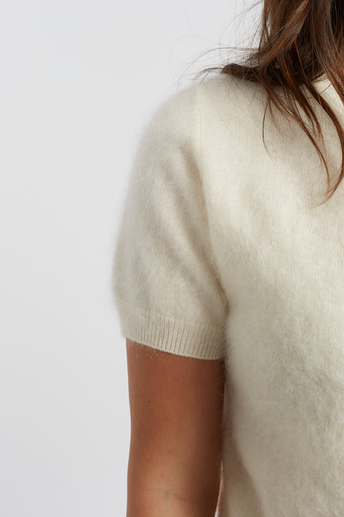 Cream Brushed Pure Cashmere Button Tee