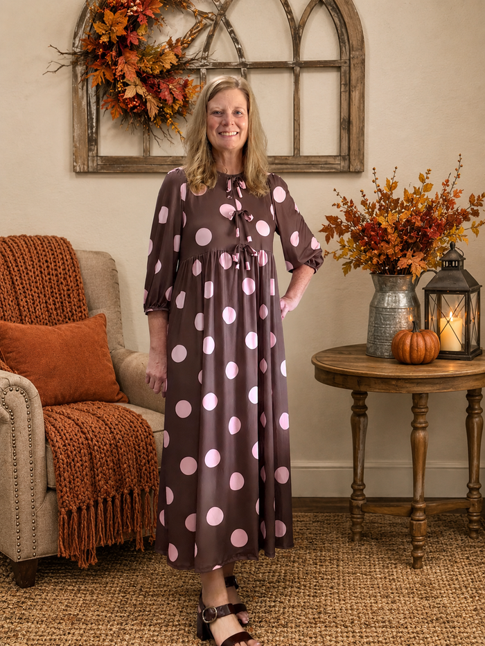 Crystal Brown & Pink Polka Dot Dress