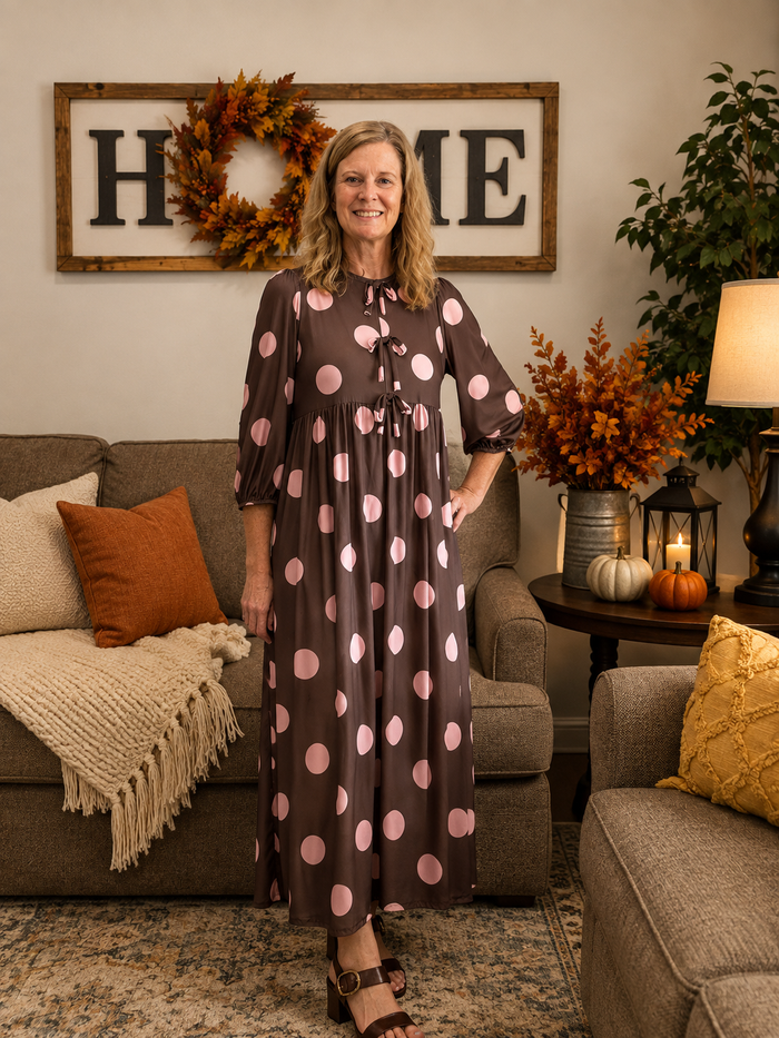 Crystal Brown & Pink Polka Dot Dress