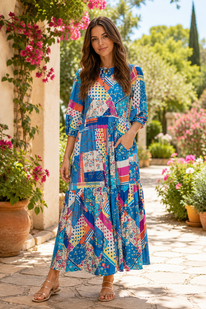 Crystal Royal Blue Patchwork Dress