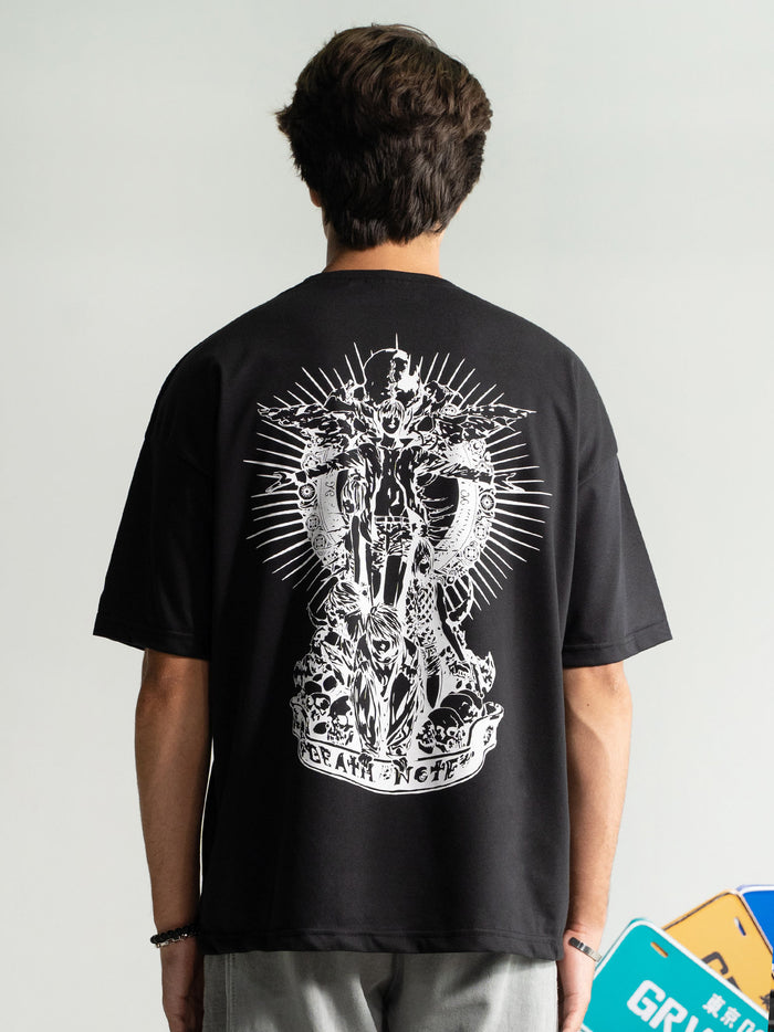 Death Note tee female model front view black anime graphic oversized Pakistan – GROOVY
