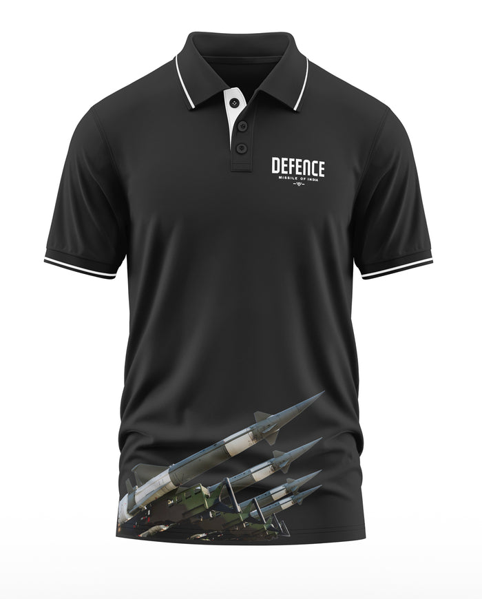 Black polo t-shirt with Defence logo, missile graphic, military-inspired men's fashion