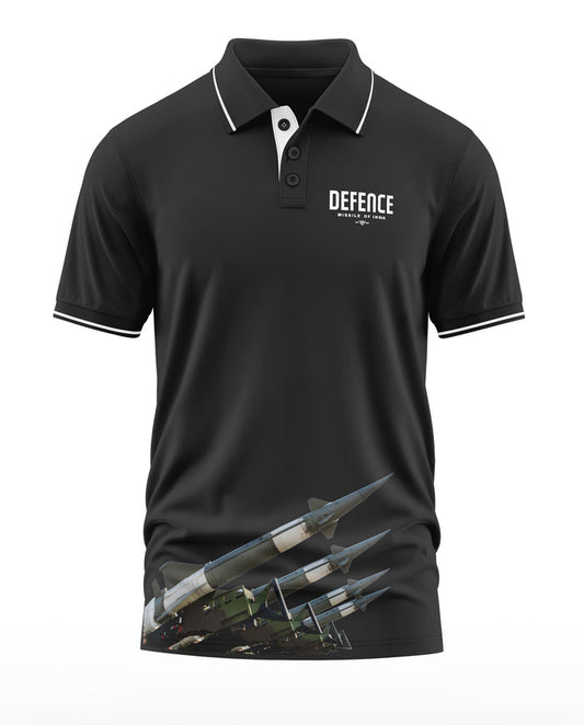 Black polo t-shirt with Defence logo, missile graphic, military-inspired men's fashion