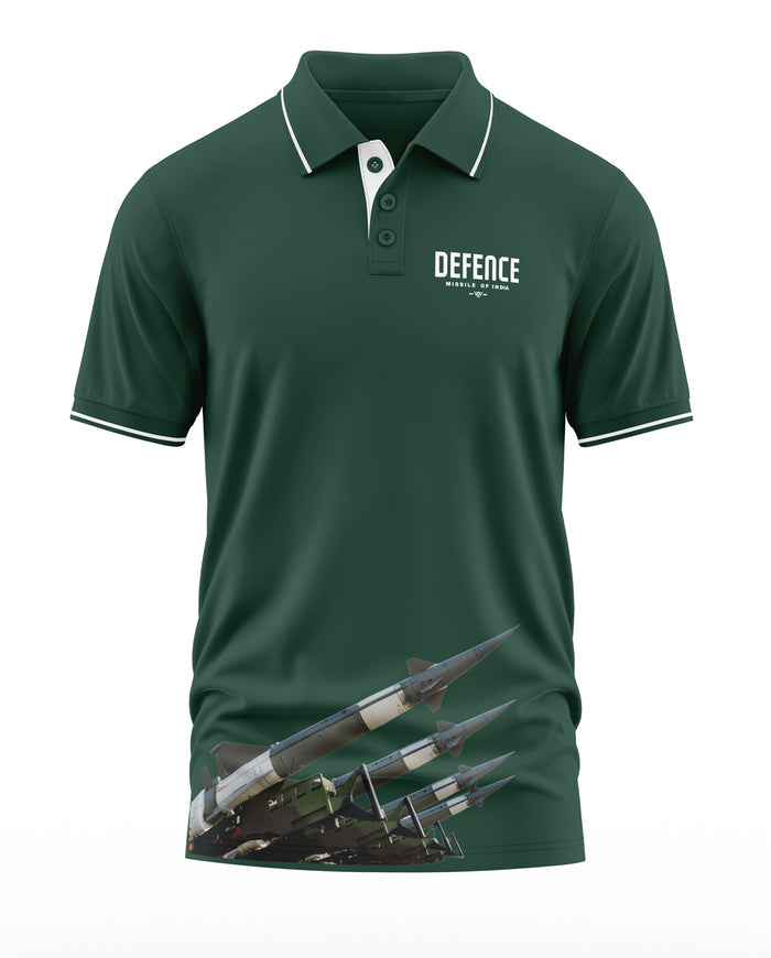 Green men's polo t-shirt with Defence Missile of India logo and missile graphic print
