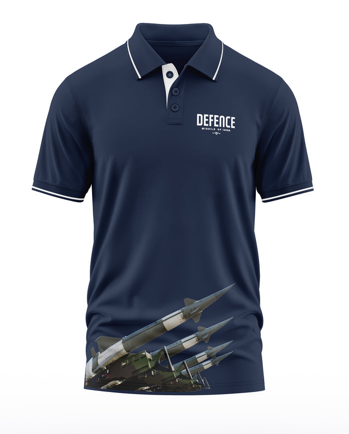 Navy blue men's polo t-shirt with missile graphic and 'Defence Missile of India' text print