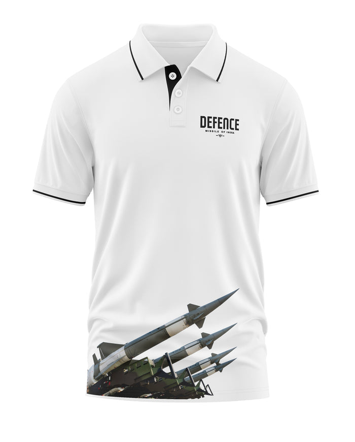 White men's polo t-shirt with Defence Missile of India print and missile graphic at hem