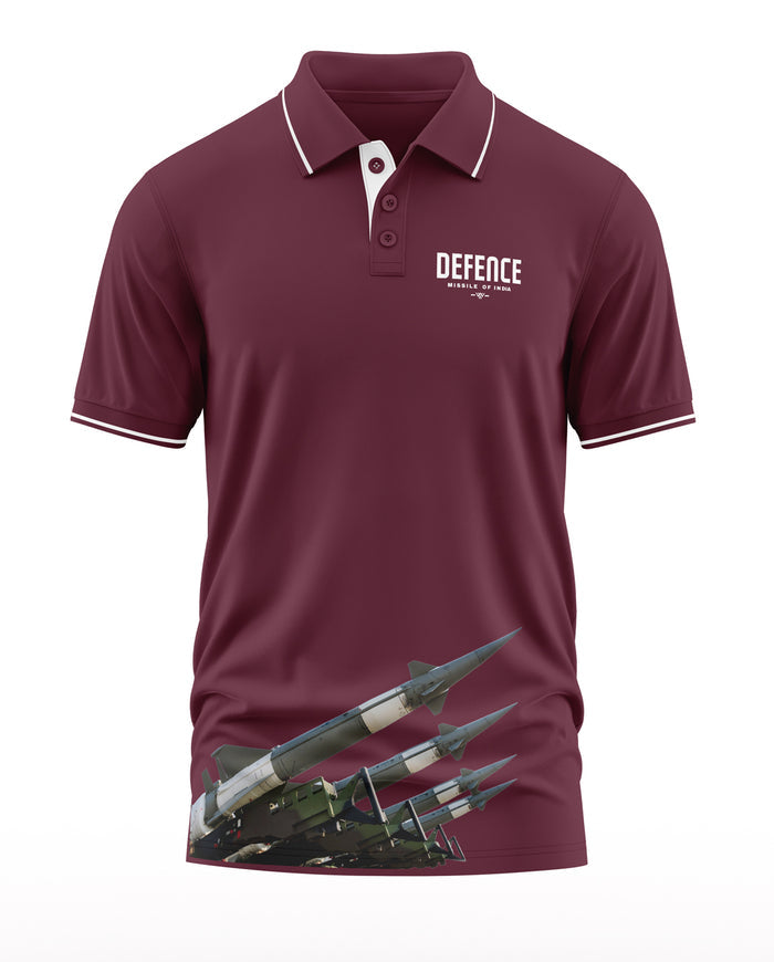 Maroon men's polo t-shirt with 'Defence' text and missile graphic, military-inspired design