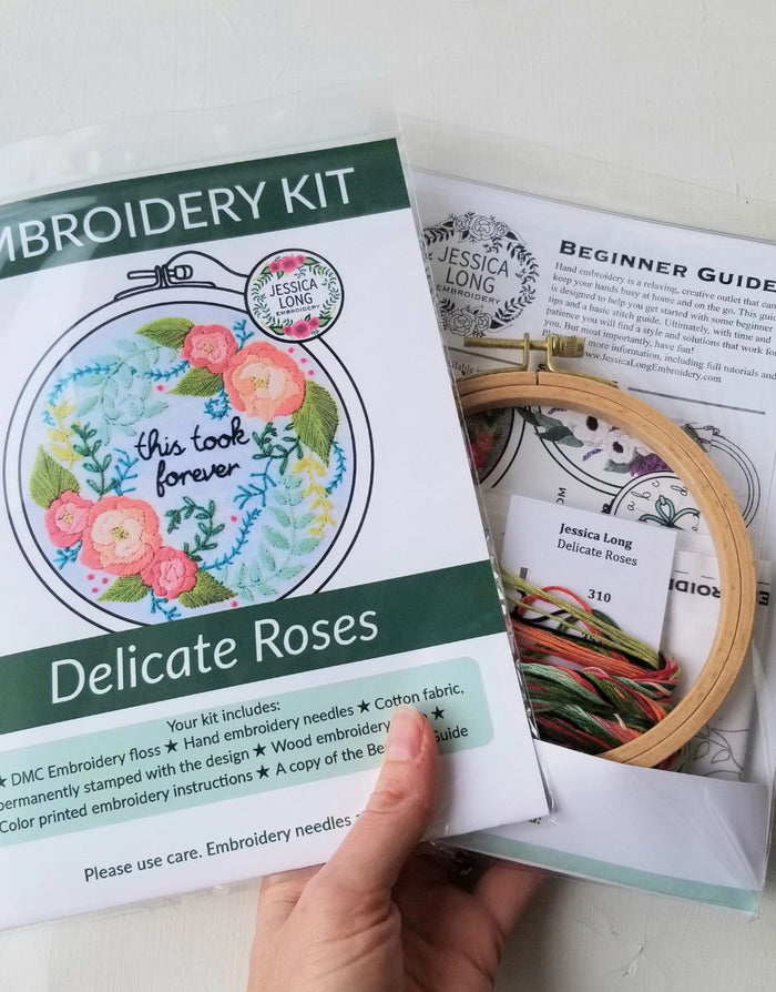 Delicate Roses Beginner Embroidery Kit, Jessica Long Embroidery