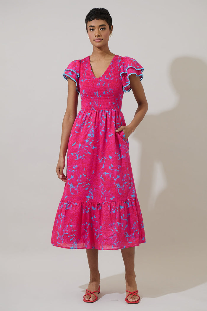 Delina Floral Patte Tiered Midi Dress