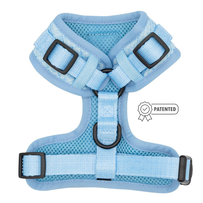 The Sassy Woof Dog Adjustable Harness - Blumond features light blue mesh, adjustable straps, black plastic buckles, a central metal ring, and displays a patented badge icon to the right of this no-pull harness.