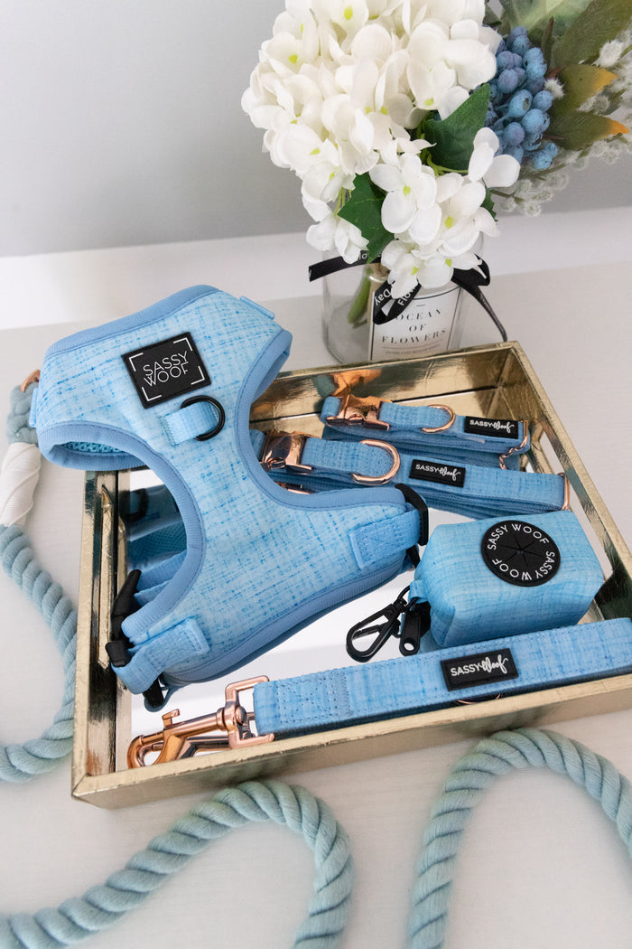 A gold tray holds a Sassy Woof Dog Adjustable Harness - Blumond, matching leash, collar, and waste bag holder next to a bouquet of white and blue flowers in a “Fleurs Elégantes” vase.