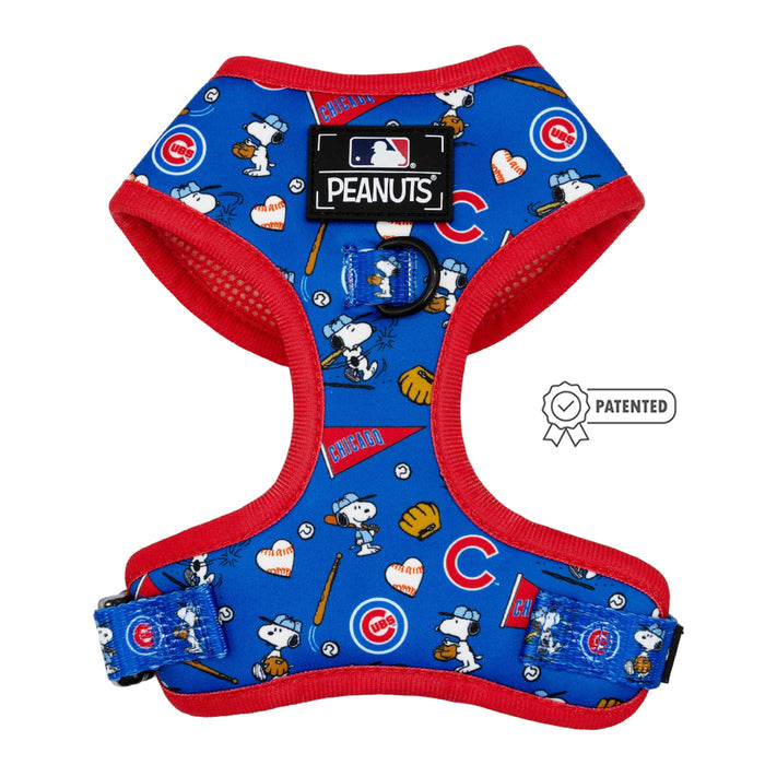 The Harness Three Piece Bundle - MLB™ x Peanuts™ Chicago Cubs™ by Sassy Woof features Snoopy baseball, Woodstock, and Cubs logos with MLB x Peanuts Chicago Cubs and Patented badges—ideal for pairing with your favorite harness and collar set.