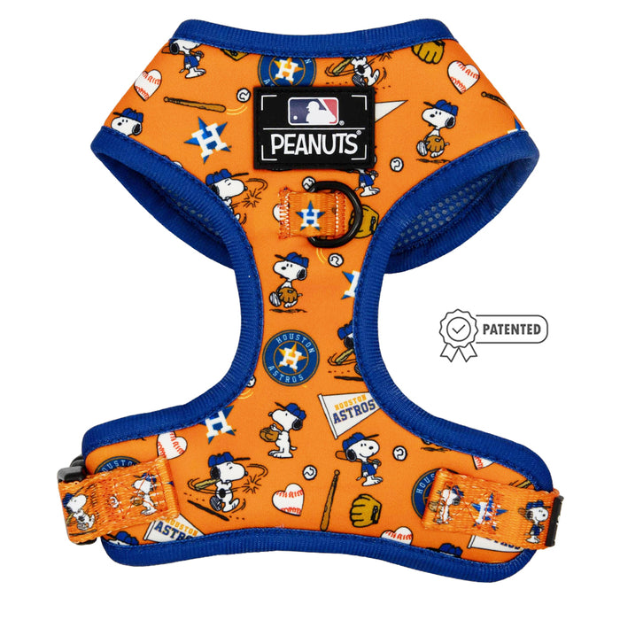 The Sassy Woof Dog Two Piece Bundle - MLB™ x Peanuts™ Houston Astros™ features Peanuts characters and baseball icons with MLB Astros logos. A small MLB Peanuts patch appears on front, plus a Patented badge graphic on the right.