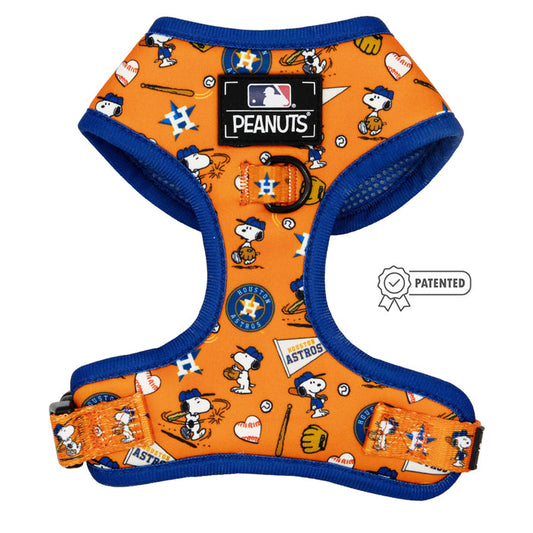 The Sassy Woof Dog Two Piece Bundle - MLB™ x Peanuts™ Houston Astros™ features Peanuts characters and baseball icons with MLB Astros logos. A small MLB Peanuts patch appears on front, plus a Patented badge graphic on the right.