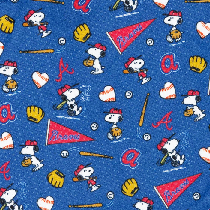 The Sassy Woof Dog Bandana - MLB™ x Peanuts™ Atlanta Braves™ features blue fabric with Snoopy in a red baseball cap, gloves, bats, balls, hearts, Braves logos, pennants, and "Braves" in red and white—a playful Atlanta Braves design.
