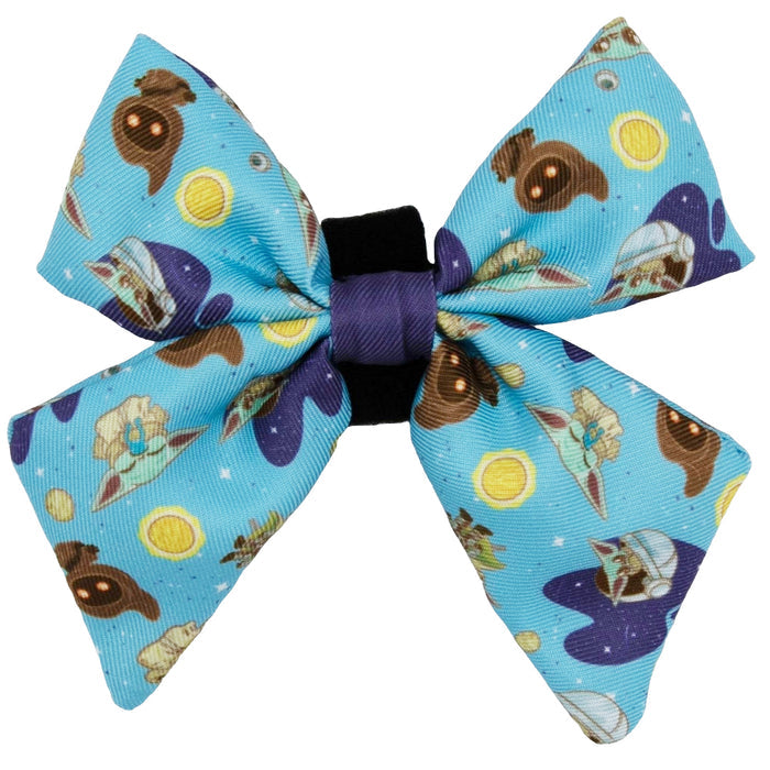 The Sassy Woof Dog Sailor Bow - STAR WARS™ The Mandalorian™ features Baby Yoda, the Mandalorian, spaceships, and planets on a starry blue background—perfect to pair with an adjustable harness or waste bag holder.