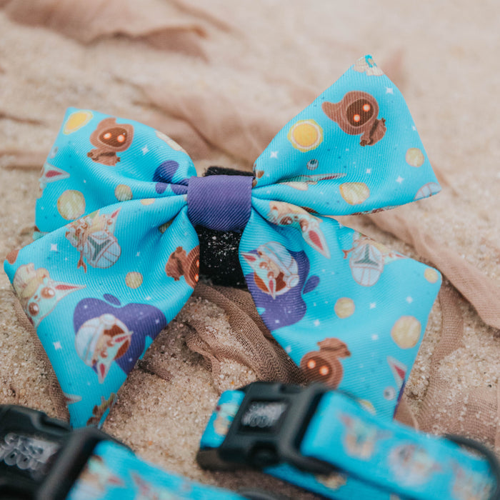 The Sassy Woof Dog Sailor Bow - STAR WARS™ The Mandalorian™ features iconic prints and pairs with a matching collar and waste bag holder—perfect for stylish beach outings.