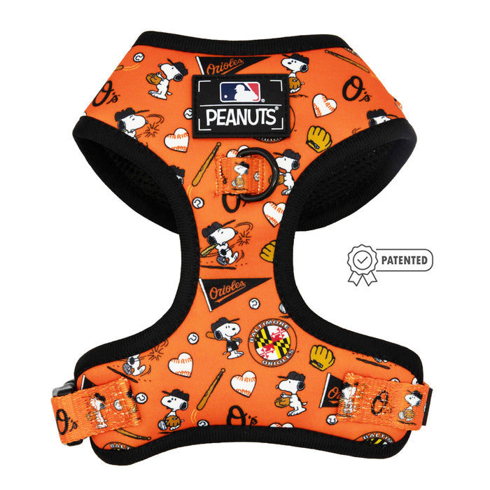 The Sassy Woof Dog Two Piece Bundle - MLB™ x Peanuts™ Baltimore Orioles™ features an orange Snoopy baseball harness with bats, balls, gloves, "Orioles," and the team logo. It pairs perfectly with a matching leash.
