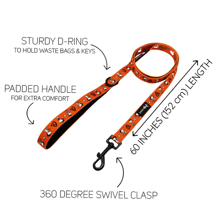 The Sassy Woof Dog Leash - MLB™ x Peanuts™ Baltimore Orioles™ features cartoon dog faces, a sturdy D-ring for bags, padded handle, 60-inch (152 cm) length, and a 360° swivel clasp.