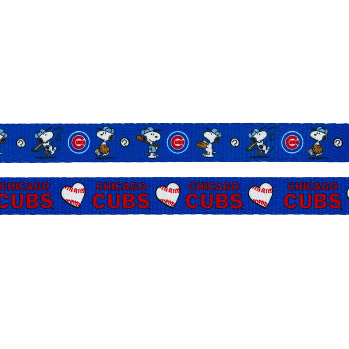 Show off your dog's team spirit with the Sassy Woof Dog Leash - MLB™ x Peanuts™ Chicago Cubs™ featuring Snoopy in a cap, Chicago Cubs logos, baseballs, and fun designs—perfect for stylish Snoopy fans and their pups.