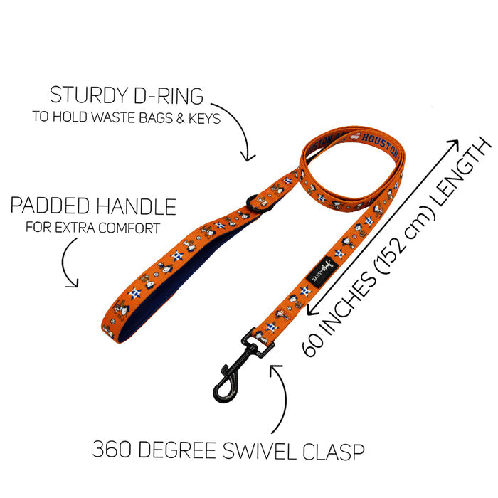 The Sassy Woof Dog Two Piece Bundle—MLB™ x Peanuts™ Houston Astros™ features an orange leash with Houston sports design, padded handle, sturdy D-ring, 360° swivel clasp, and a length of 60 inches (152 cm).