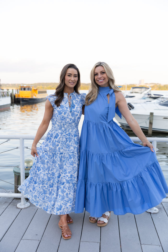 Dolce Cabo Poplin Tie Neck Tiered Maxi Dress - Blue