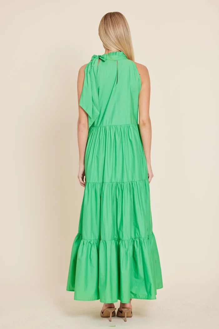 Dolce Cabo Poplin Tie Neck Tiered Maxi Dress - Green