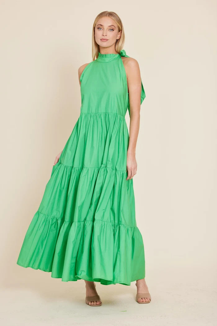 Dolce Cabo Poplin Tie Neck Tiered Maxi Dress - Green