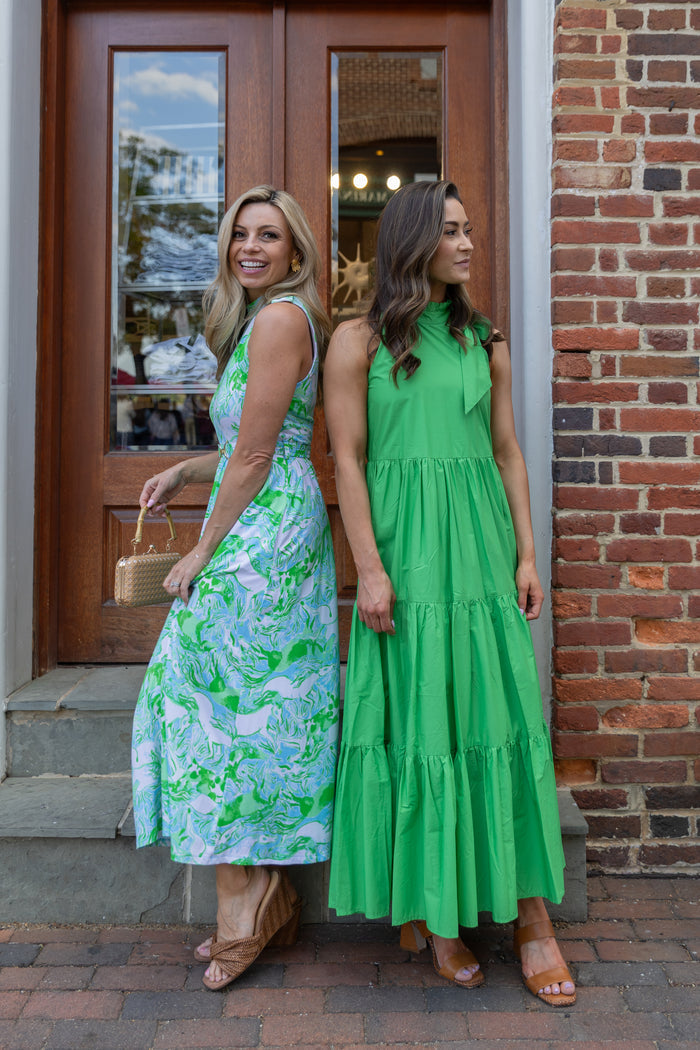 Dolce Cabo Poplin Tie Neck Tiered Maxi Dress - Green