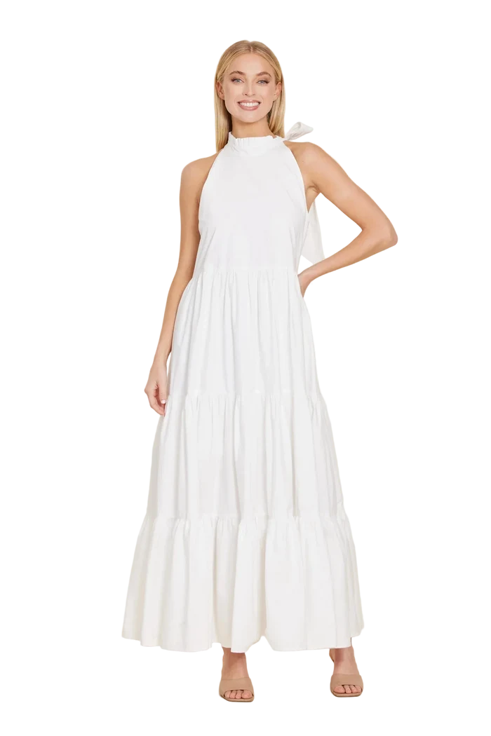 Dolce Cabo Poplin Tie Neck Tiered Maxi Dress - White