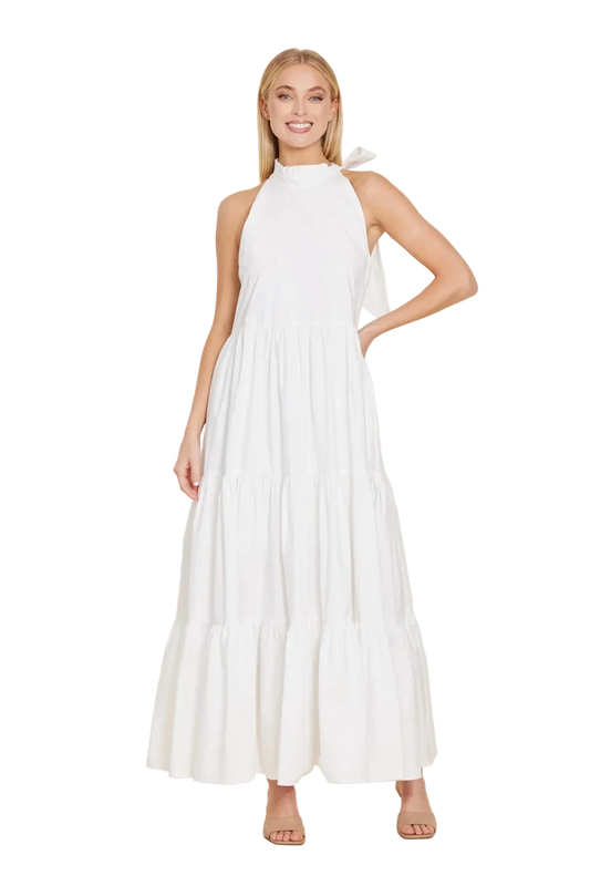 Dolce Cabo Poplin Tie Neck Tiered Maxi Dress - White