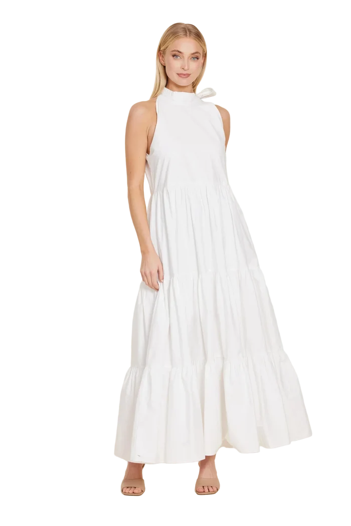 Dolce Cabo Poplin Tie Neck Tiered Maxi Dress - White