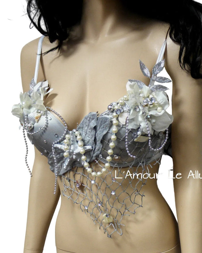 Dripping in Silver Mermaid Bra Dance Costume Rave Bra Halloween