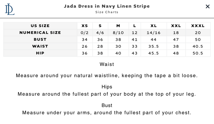 Size chart for Jada Dress in Navy Linen Stripe with measurements for bust, waist, and hip.