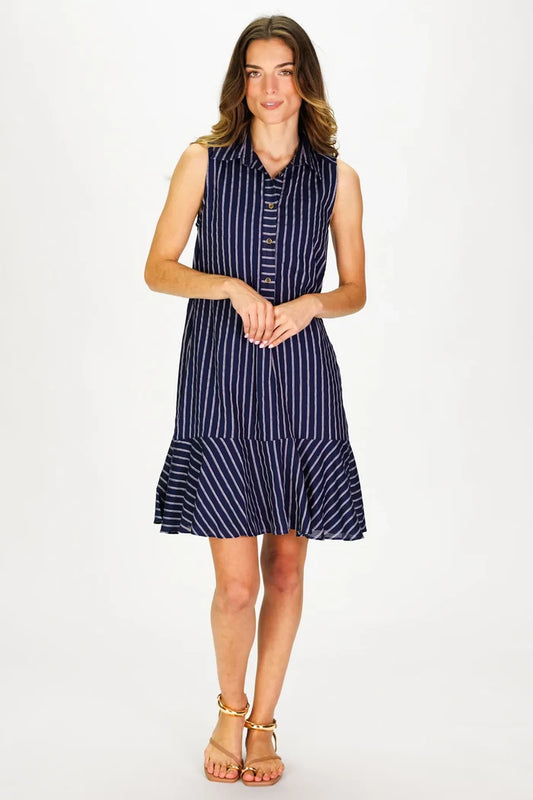 Duffield Lane Sleeveless Iris Dress - Navy Linen Stripe