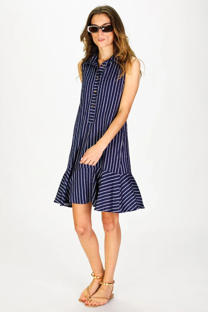 Duffield Lane Sleeveless Iris Dress - Navy Linen Stripe