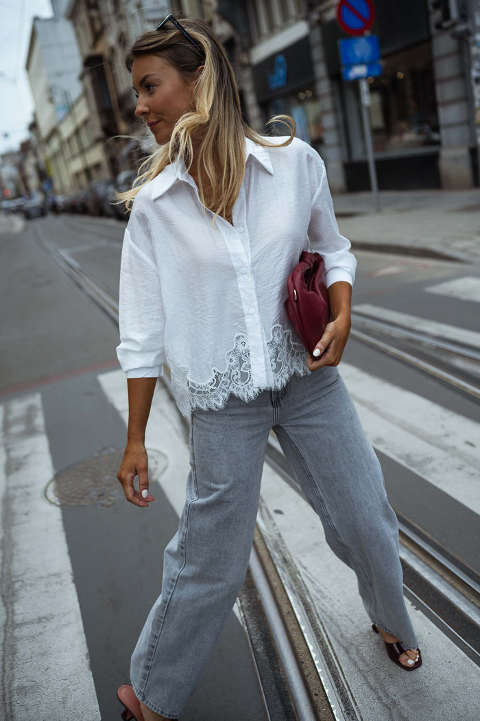 Ecru Ivan shirt scalloped lace hem detail