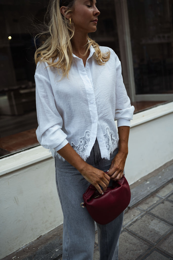 Ecru cropped button-front shirt with lace hem, side view